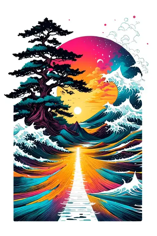 Fine line dark black, cyber punk Japanese theme of time, journey, power, self motivation, waves, trees, hills, cosmos, tattoo design idea