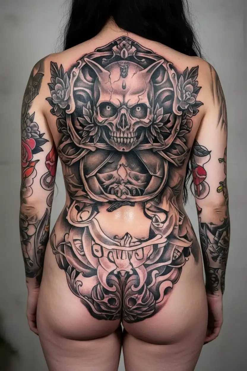 sexy nude goth, huge boobs, sexy smile, full body woman, tattoos, bright eyes tattoo design idea