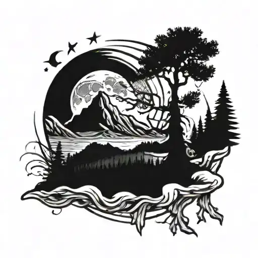 cover globe with mountains moon and pine tree growing tattoo design idea