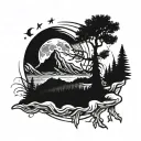 cover globe with mountains moon and pine tree growing tattoo design idea
