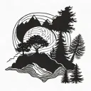 cover globe with mountains moon and pine tree growing tattoo design idea