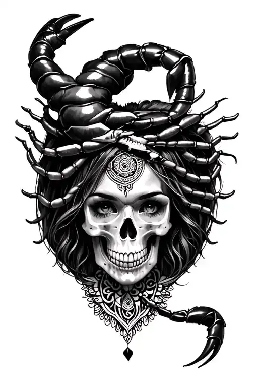 scorpion wrapped on top of female face half skull. with a mandala underneath. dia de los meurtos tattoo design idea