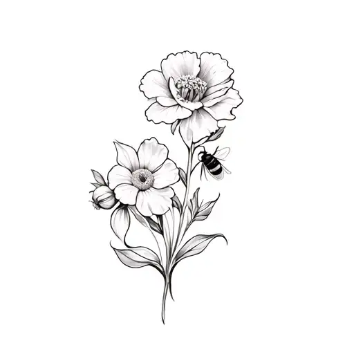 fine line flower intertwined with 1 carnation, 1 honeysuckle , 1 violet, 1 snow drop, 1 daffodil, 1 bee tattoo design idea