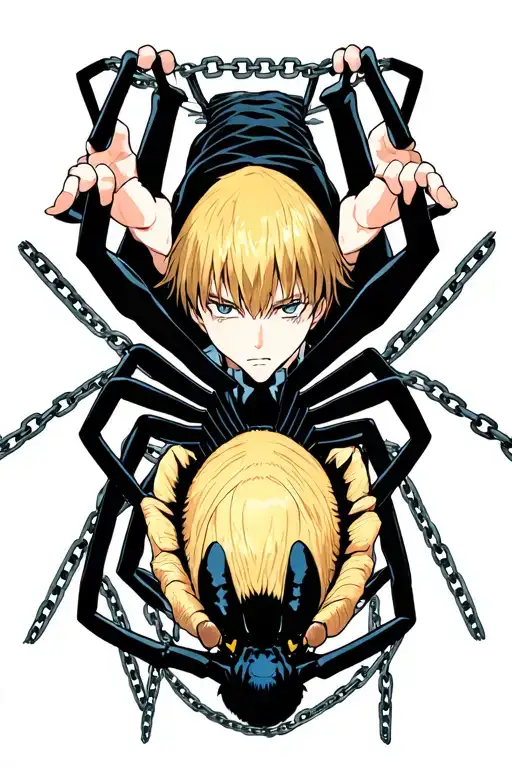 kurapika chain tattoo with the phantom troupe spider upside down with its webs around the chains, forearms tattoo design idea