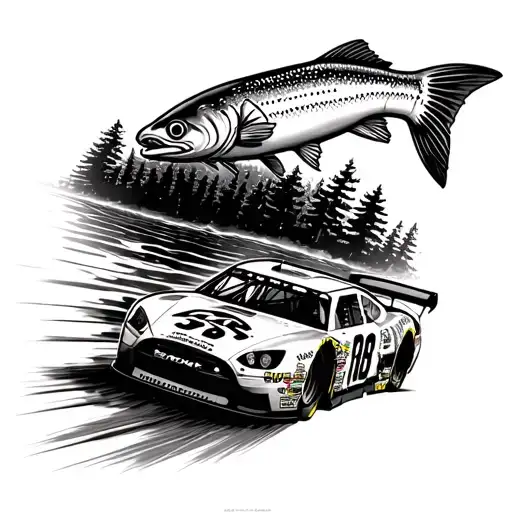 NASCAR race car speeding past a lake with a bass fish in it tattoo design idea
