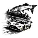 NASCAR race car speeding past a lake with a bass fish in it tattoo design idea