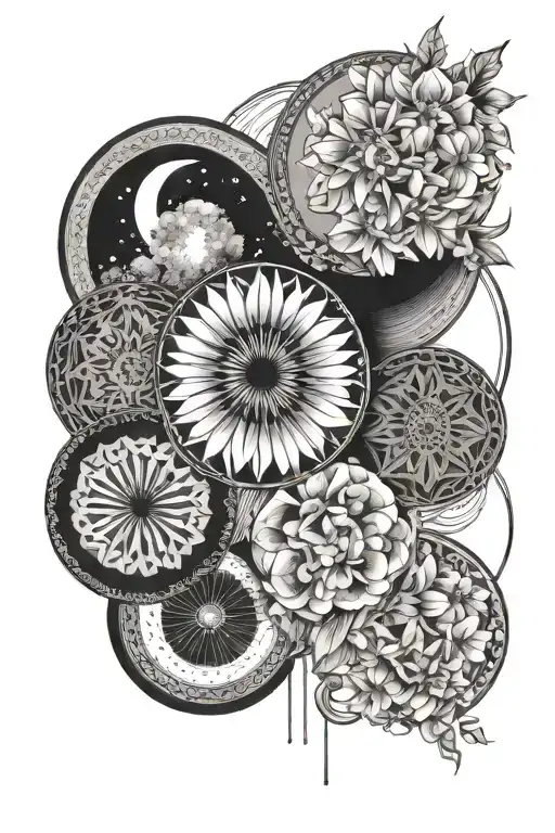 5 circles arranged vertically. Each circle is half moon phase and half flower. The first circle is half waxing gibbous tattoo design idea