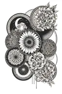 5 circles arranged vertically. Each circle is half moon phase and half flower. The first circle is half waxing gibbous tattoo design idea