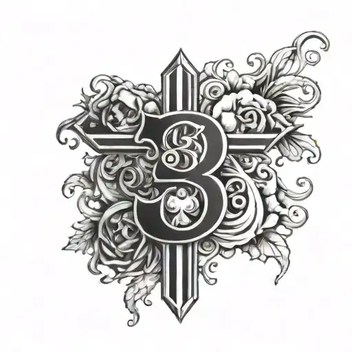 The number 3 near a Gothic cross with skulls. tattoo design idea