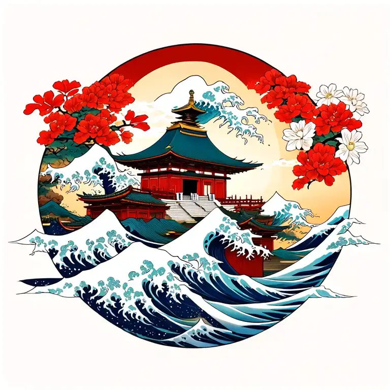 Asia by Hosukai with temple, cherry in flower, samurai warrior and great wave tattoo design idea