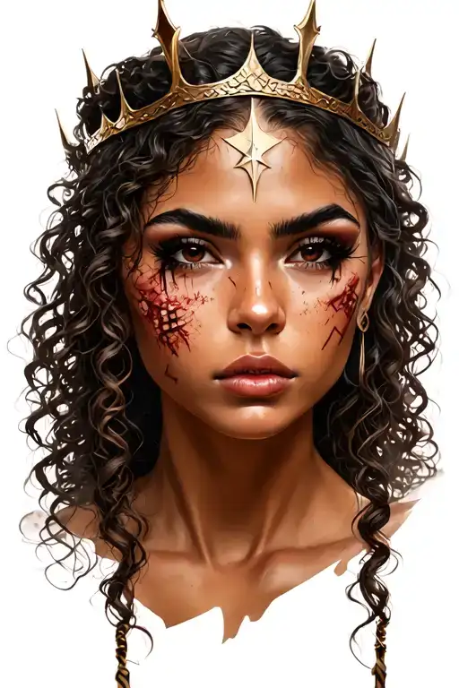 realistic face, Latina warrior queen, curly brown hair, tilted crown on head, slight cuts and bruises, busted lip tattoo design idea