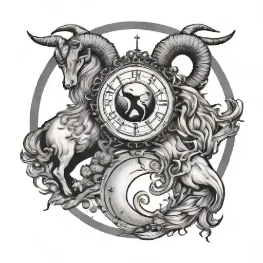  Capricorn and Aries facing horizontal opposite sides with Capricorn holding the sun and Aries holding the moon tattoo design idea