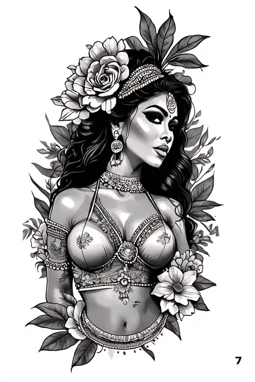 flor the maga on the too and bottom of the tattoo, in the center i want a puertorican woman bomba dancer and a vejigante tattoo design idea