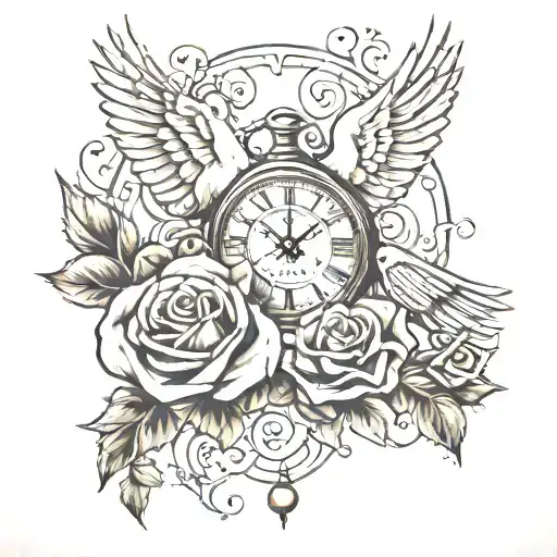 dove,clock and rose intertwined tattoo design idea