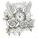 dove,clock and rose intertwined tattoo design idea