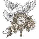 dove,clock and rose intertwined tattoo design idea