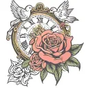 dove,clock and rose intertwined tattoo design idea