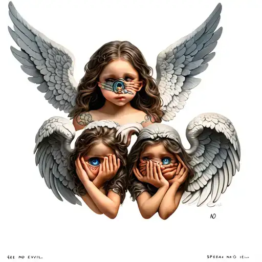 Three angels in “See No Evil, Hear No Evil, Speak No Evil” style, but with a twist:	•	One covers one eye	•	One covers  tattoo design idea