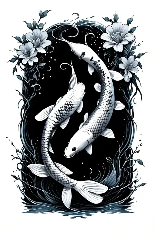 two koi fish swimming with flowers around fins tattoo design idea