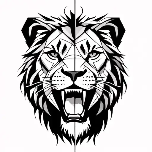 half roaring lion, half human face with finger on lips in a geometric shape tattoo design idea
