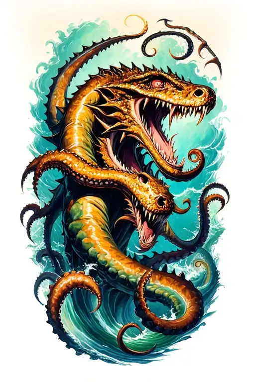 sea monsters fight with kraken tattoo design idea