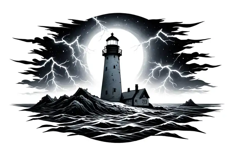 lighthouse, black hole, planet, lightning, storm tattoo design idea