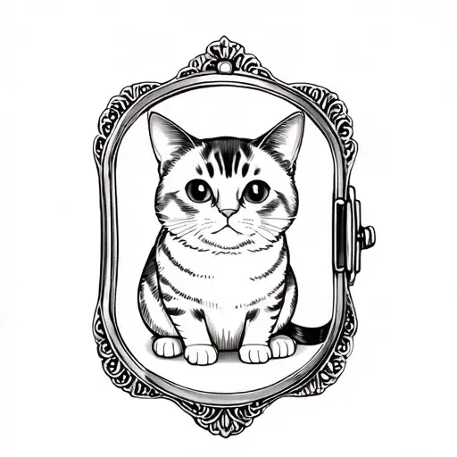 a vintage style locket or frame with a chubby British shorthair cat inside it. just the face and a little bit of neck tattoo design idea
