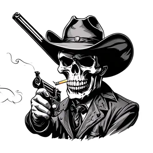 Cowboy Skull smoking cigarette and holding shotgun tattoo design idea