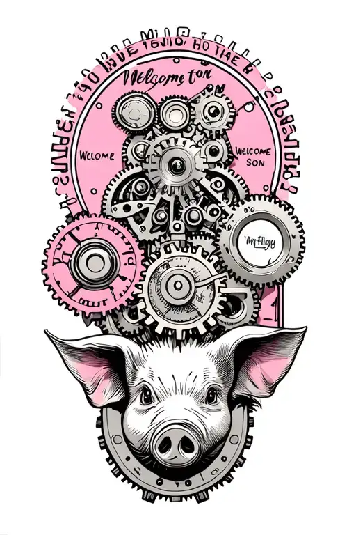 steampunk gears with "welcome my son, welcome to the machine" and pink floyd pig  tattoo design idea