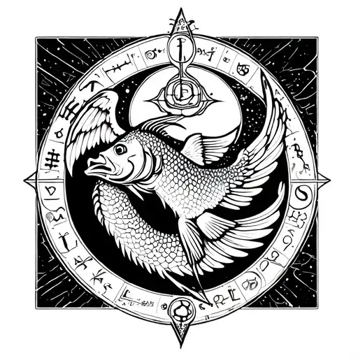 The sign of the zodiac of fish, a demon with the wings of an angel, as well as the symbolism of eternity and creation tattoo design idea