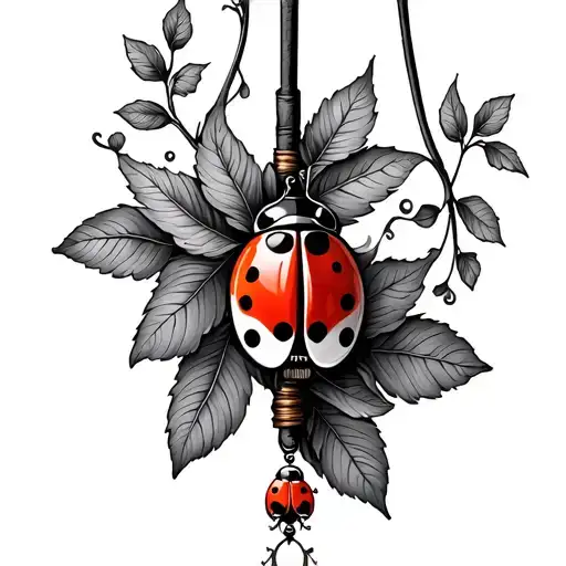 fishing pole intertwined with leaves and a ladybug tattoo design idea