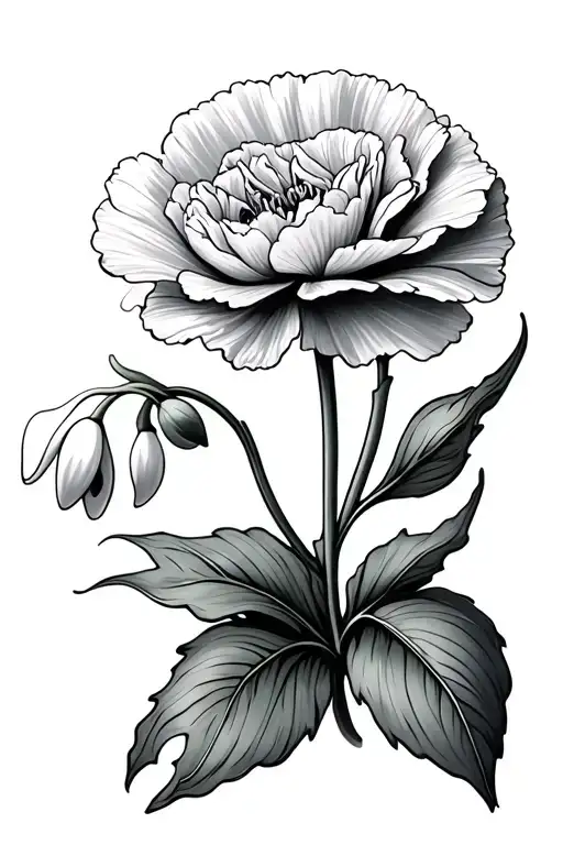 carnation and snowdrop flower with Malia cursive tattoo design idea