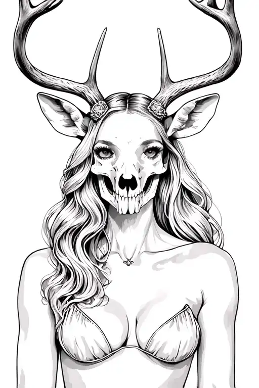 sexy woman with deer skull head tattoo design idea