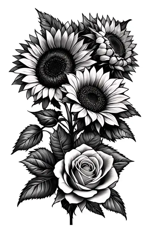 3 sunflower and 2 roses blooming tattoo design idea
