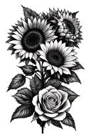 3 sunflower and 2 roses blooming tattoo design idea