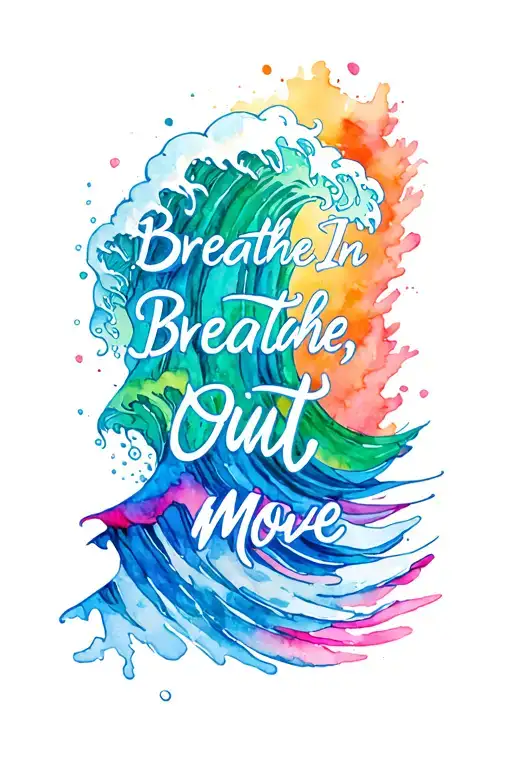 "Breathe In, Breathe Out, Move " upper arm with a cascading wave in watercolors blue green pink orange tattoo design idea