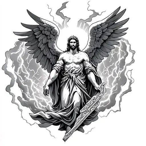 storm with lightning bolt surrounding St Michael the Archangel tattoo design idea