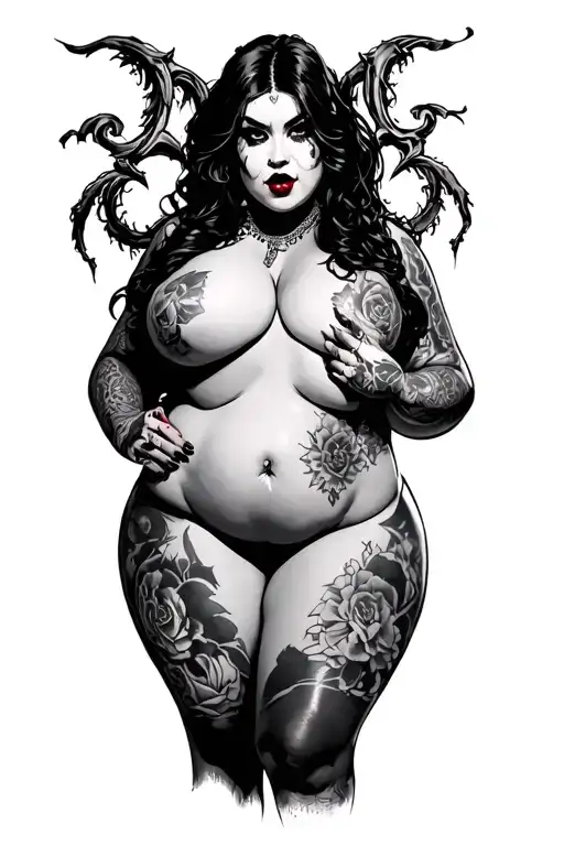 chubby slutty goth girl nude full body pose tattoo design idea