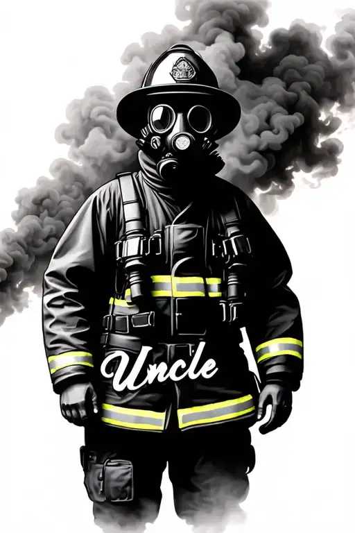 Black silhouette of firefighter in gas mask standing in smoke. Subtle handwritten ‘Uncle Don’ in or below smoke.  tattoo design idea