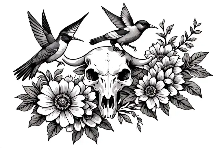 a thigh tattoo with marigold flowers and a hummingbird, cardinal, and bull skull tattoo design idea