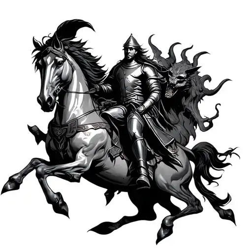 Knight riding pale horse over demons  tattoo design idea