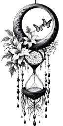 An hourglass moon dream catcher filled with lilies and butterflies Queen Anne's lace  nature tears broken depressed tattoo design idea