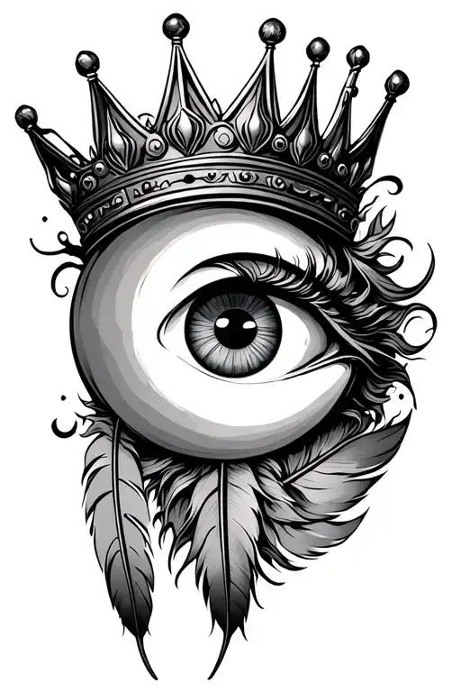 sun, moon, evil eye, feather and crown of king crown tattoo design idea