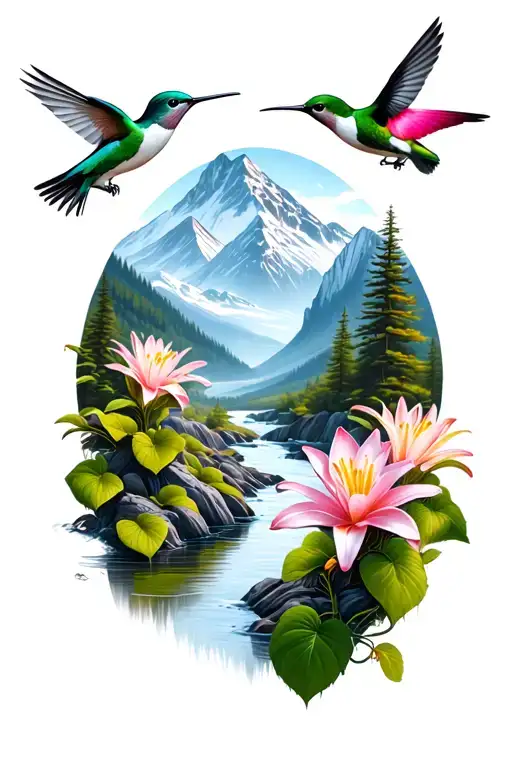 mountain scene with a river running through. hummingbirds and lily flowers mixed in tattoo design idea