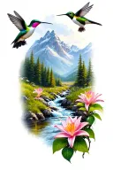 mountain scene with a river running through. hummingbirds and lily flowers mixed in tattoo design idea