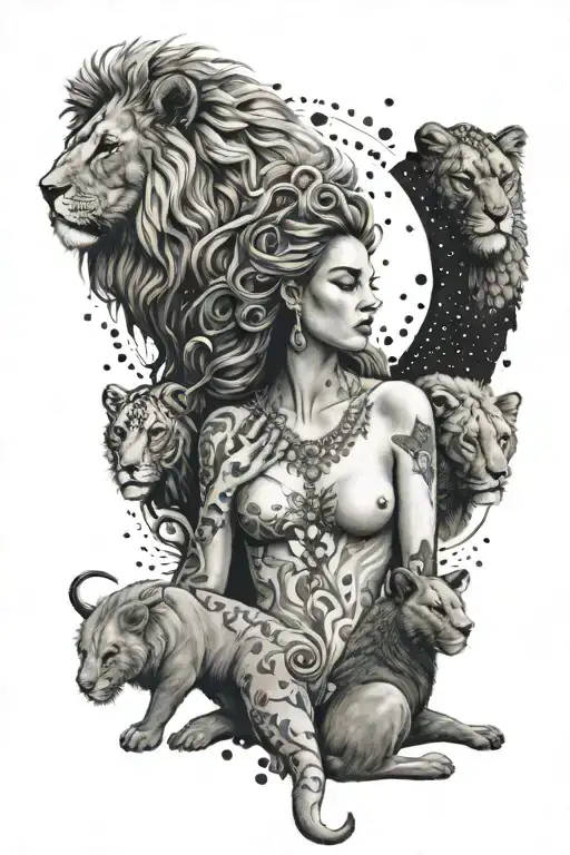 1 Aquarius woman surrounded by 3 Capricorns and outside a lion and a lioness tattoo design idea
