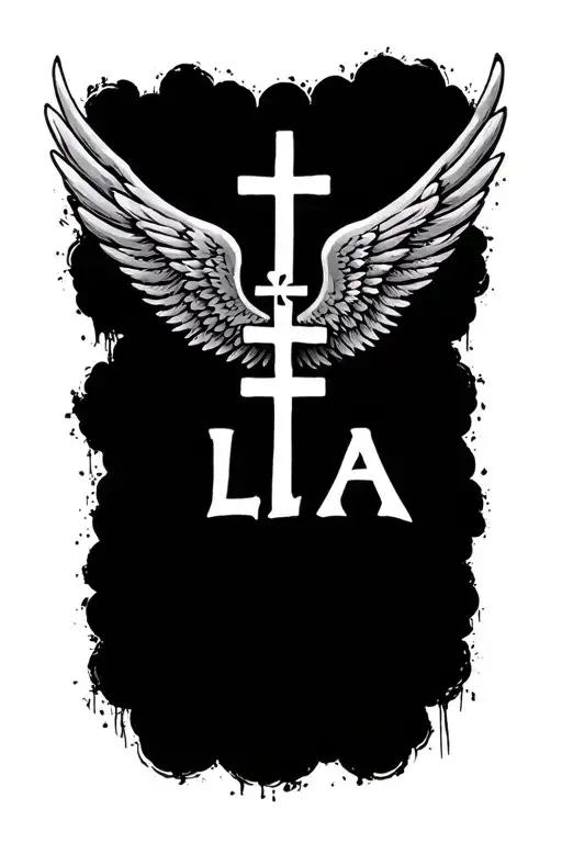 clouds and 3 crosses angle wings that say LLA tattoo design idea