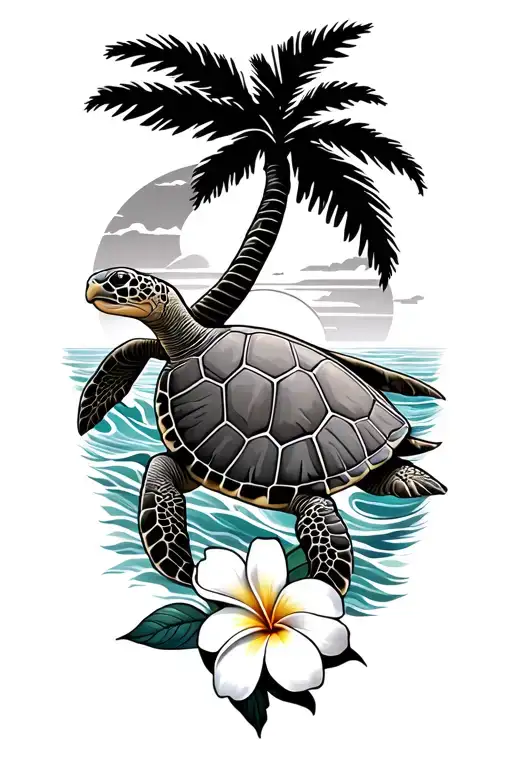 Sea turtle, ocean waves, plumeria, sunset, palm tree tattoo design idea