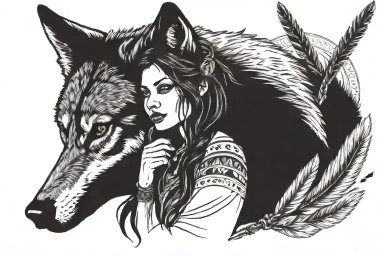 wolf trees feathers indian girl sitting with him holding his hand tattoo design idea