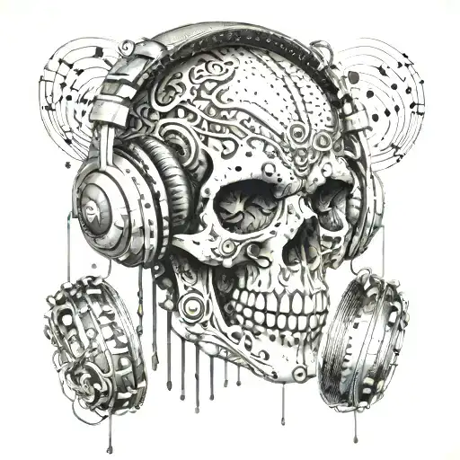 A dotwork design of a skull wearing headphones with music notes floating around it tattoo design idea